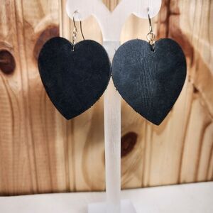 Large Black Leather Heart-Shaped Earrings 2" Tall X 2" Wide